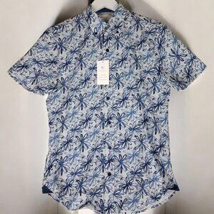 Con.Struct Mens Slim Fit Blue Stretch Floral Print Short Sleeve Shirt NEW Small